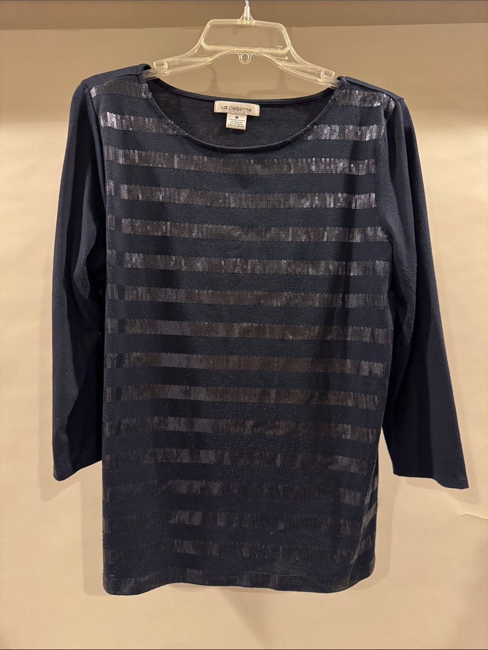 Liz Claiborne Navy Sequin-Striped 3/4 Sleeve Top